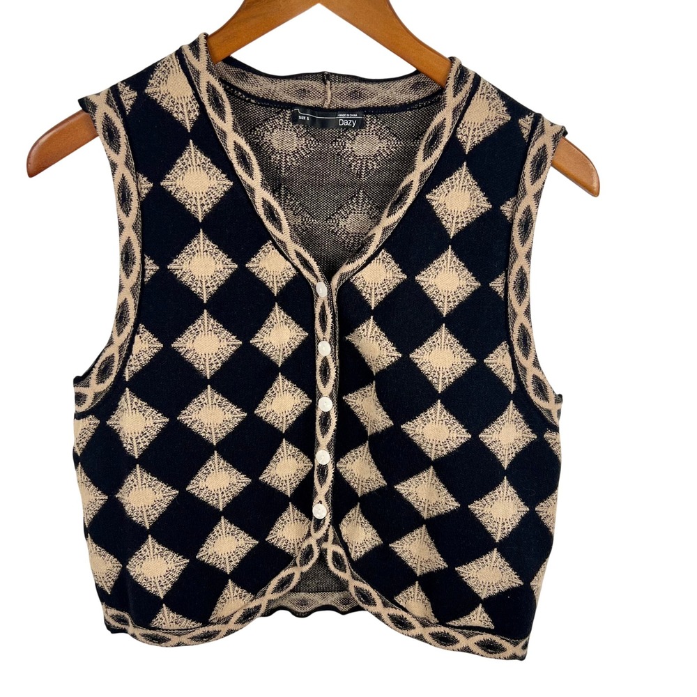Boho Knit Sweater Vest Small Whimsigoth Button Front Earthy Celestial Indie